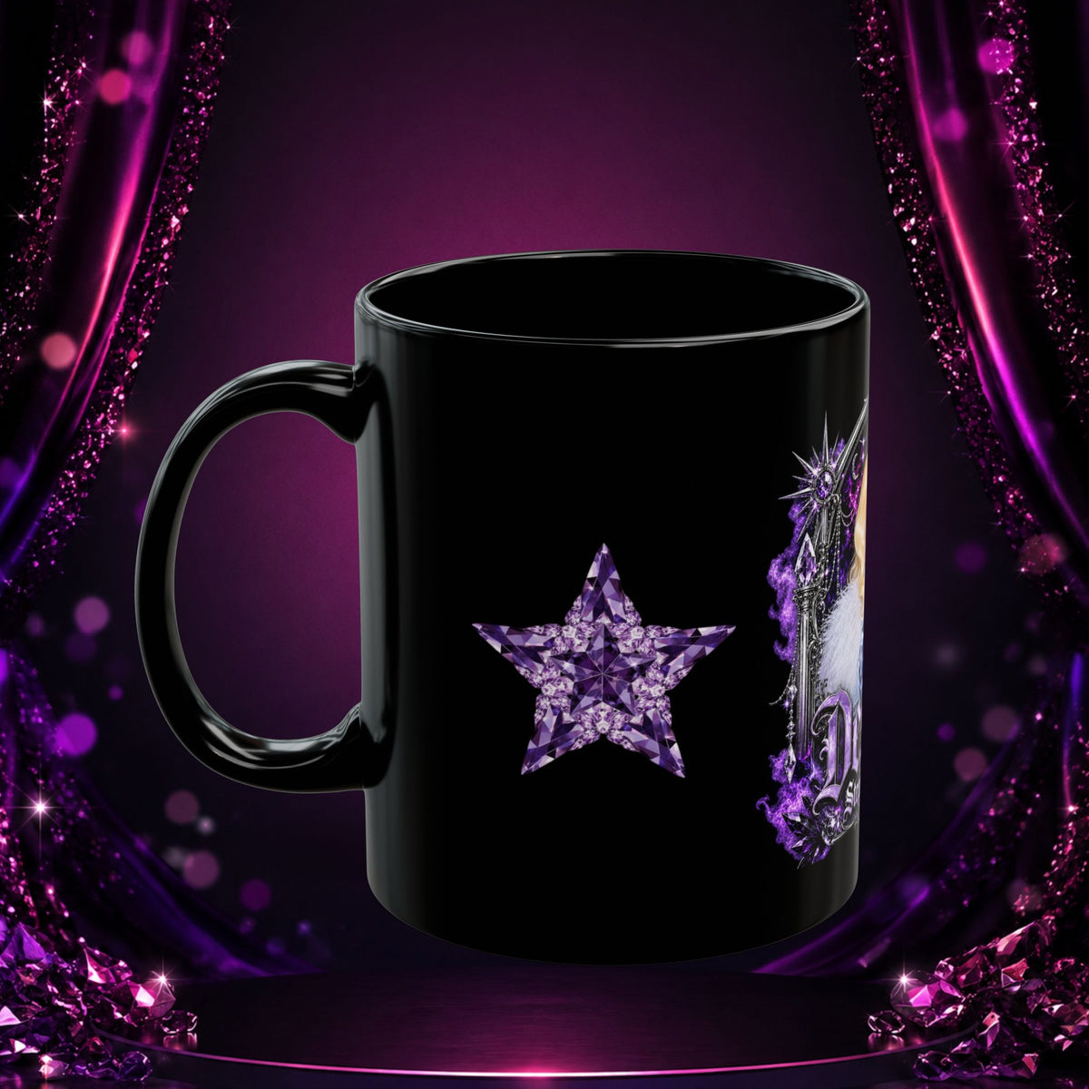 Side view of the black Deseraè Stephens Janaè Purple Reign Glamour Mug with purple crystal star artwork and glossy handle