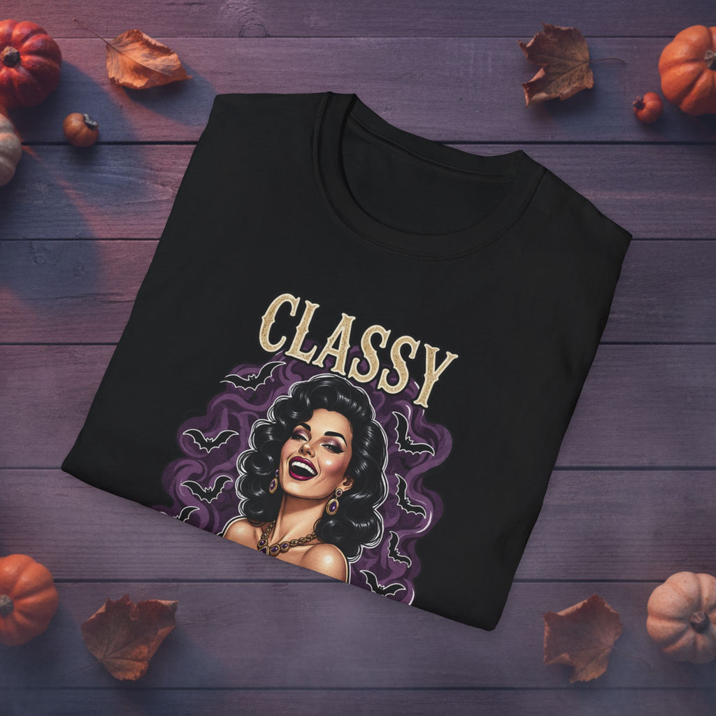 Folded Classy Boujee Batsh*t black graphic tee showing the front design