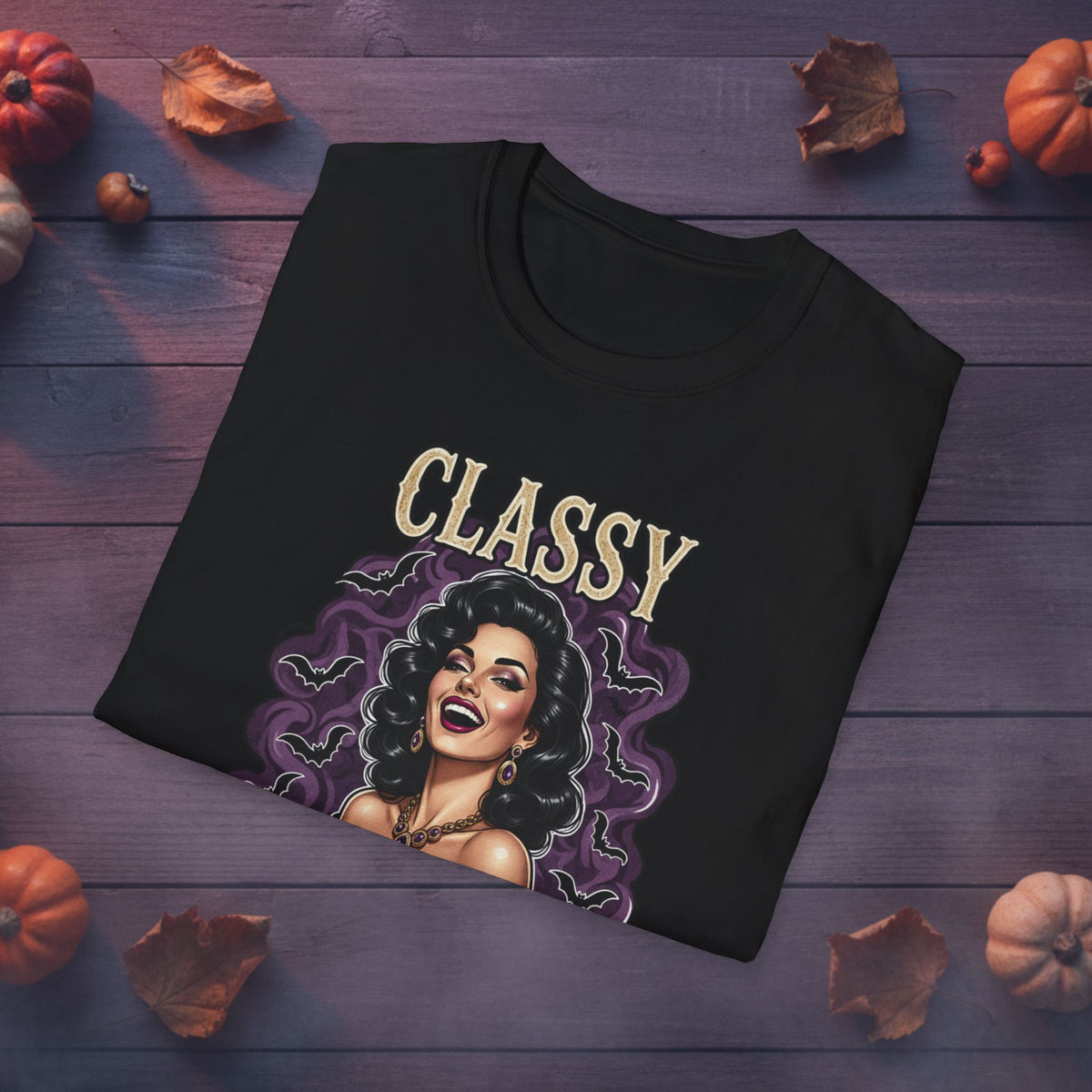 Folded Classy Boujee Batsh*t black graphic tee showing the front design