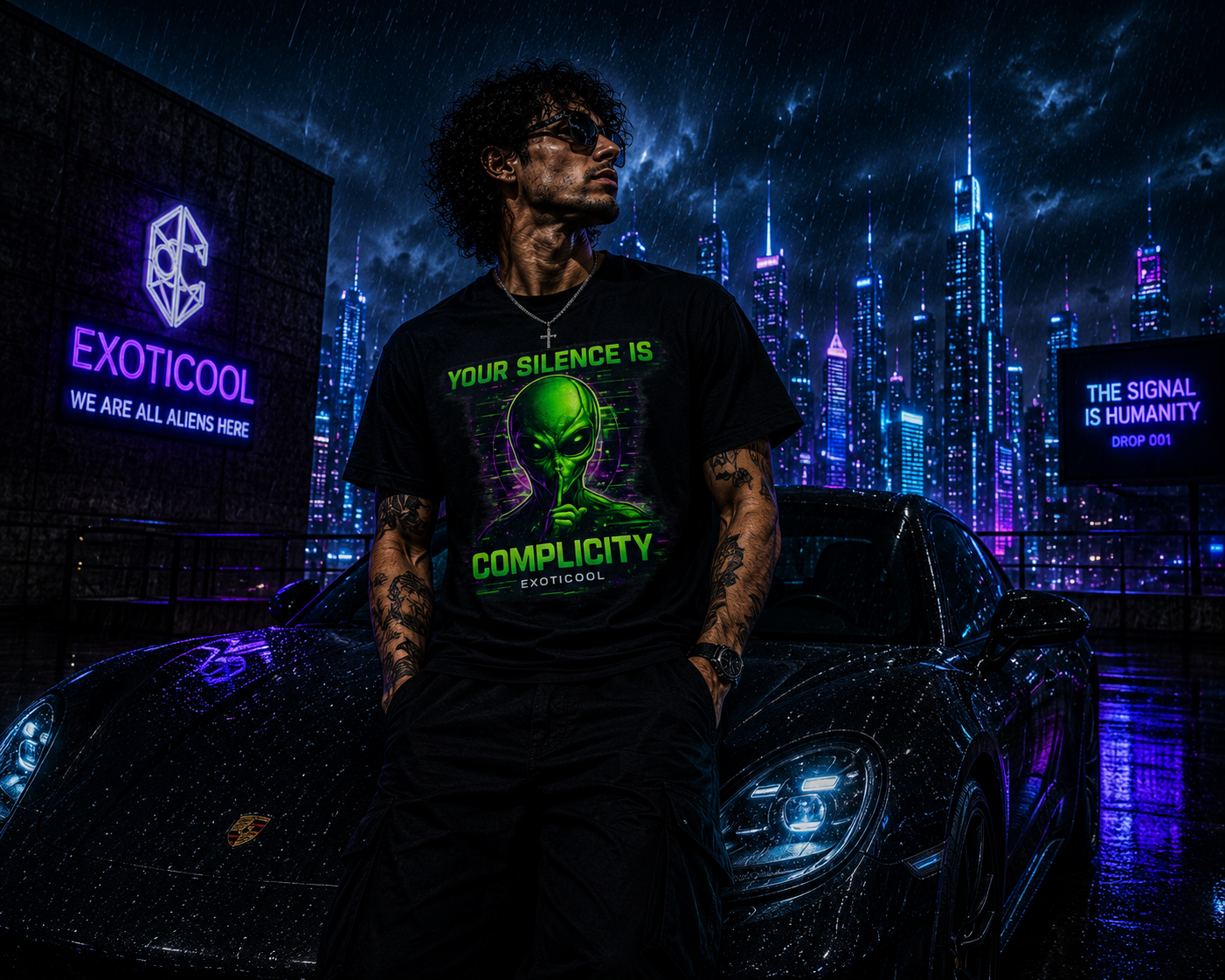 Exoticool Your Silence Is Complicity black graphic T-shirt worn by a model on a cinematic cyberpunk rooftop with neon city lights and a black Porsche.