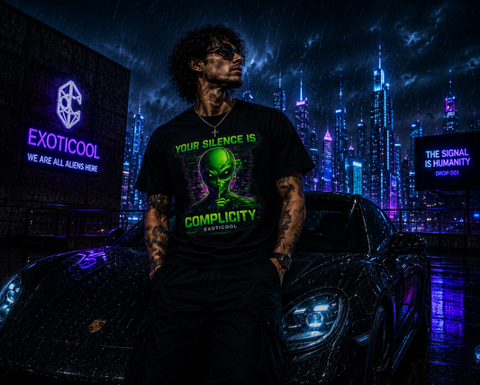 Exoticool Your Silence Is Complicity black graphic T-shirt worn by a model on a cinematic cyberpunk rooftop with neon city lights and a black Porsche.