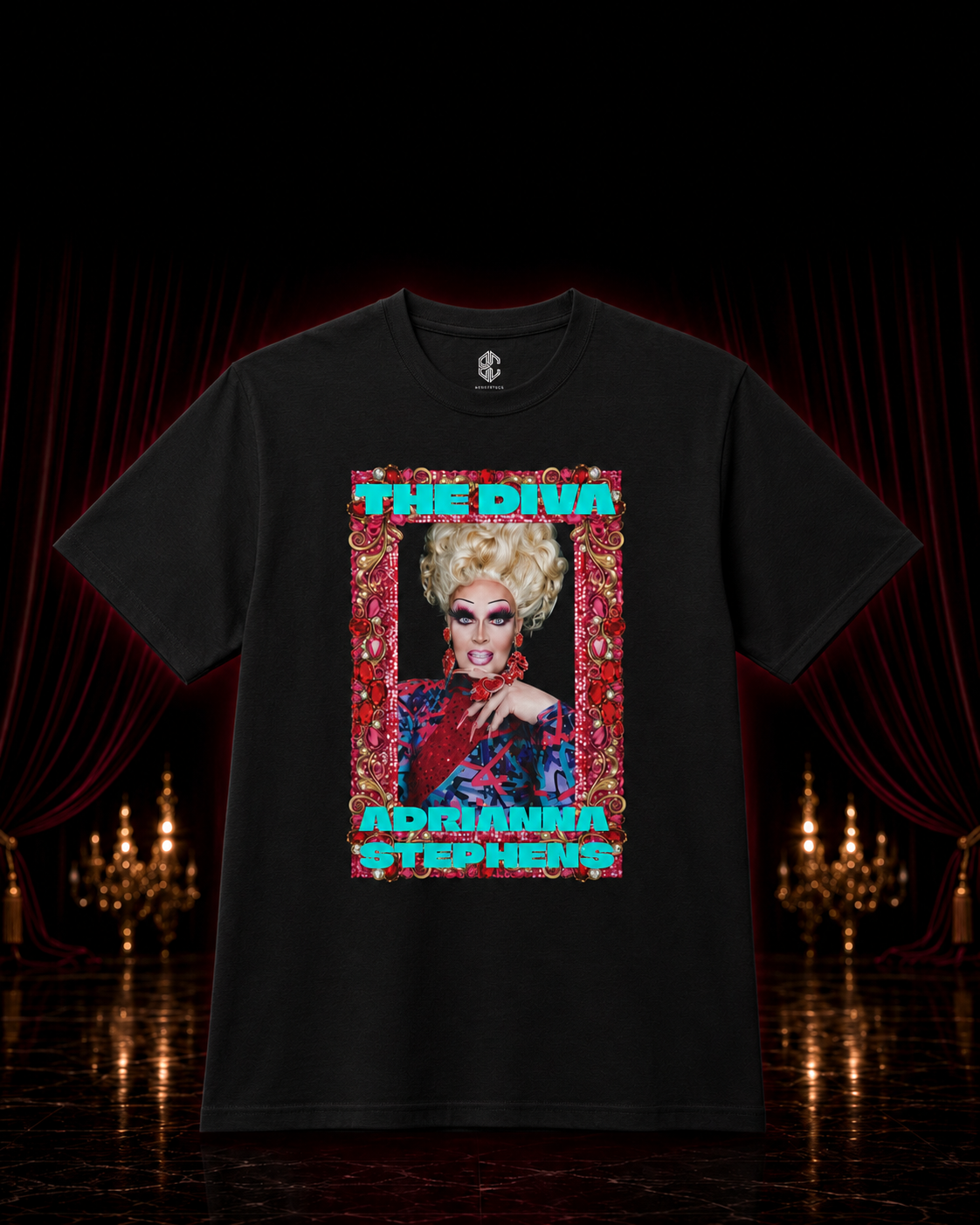 Black Adrianna Stephens limited-edition graphic tee displayed before red curtains and chandeliers.