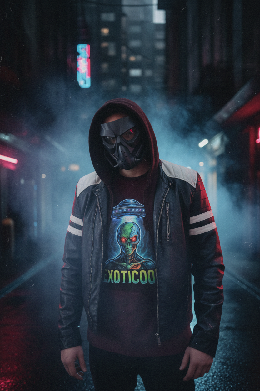 Exoticool-I-See-You-Alien-Signal-Tee-Hooded-Figure-Dark-Warehouse-Alien-Streetwear