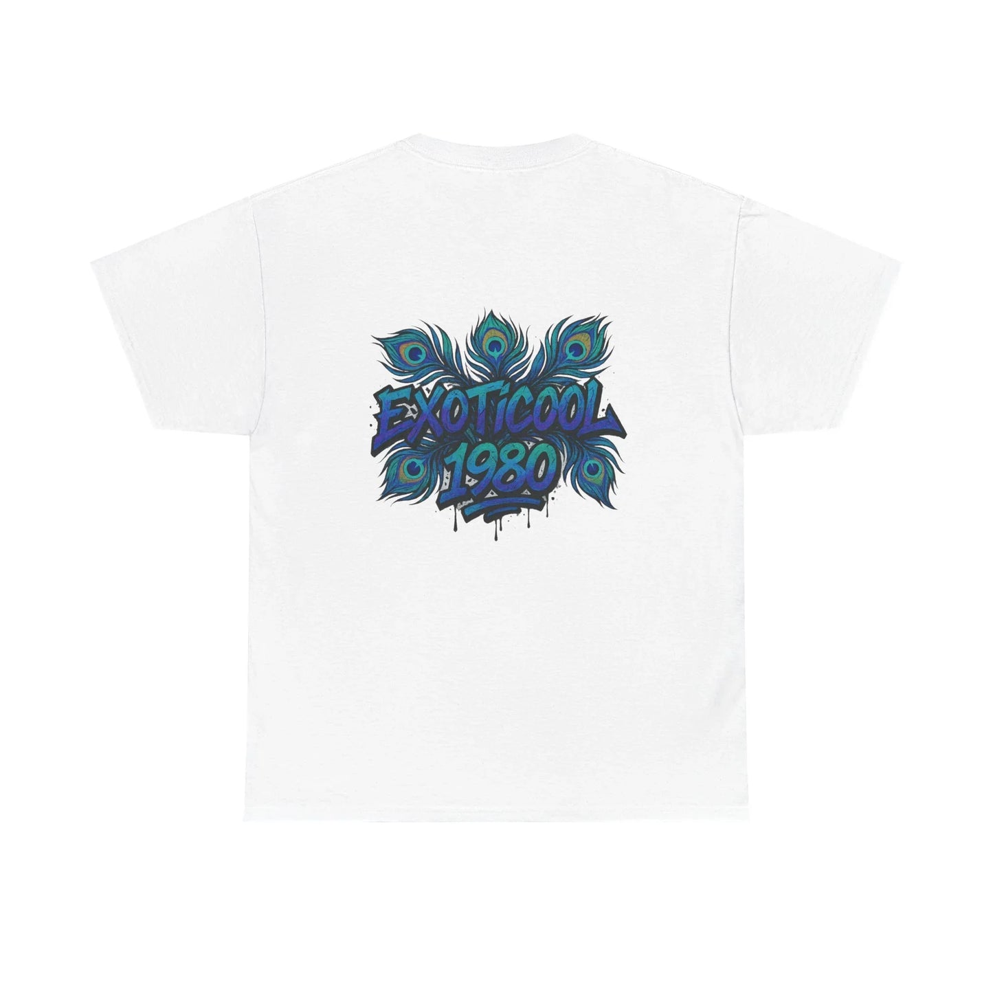 White t-shirt with blue EXOTICOOL 1980 graffiti and peacock feather design on back