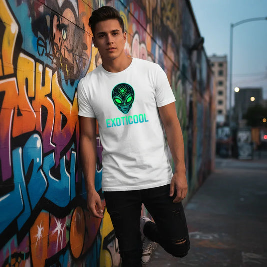 Man in EXOTICOOL alien graphic t-shirt posing by colorful graffiti city wall