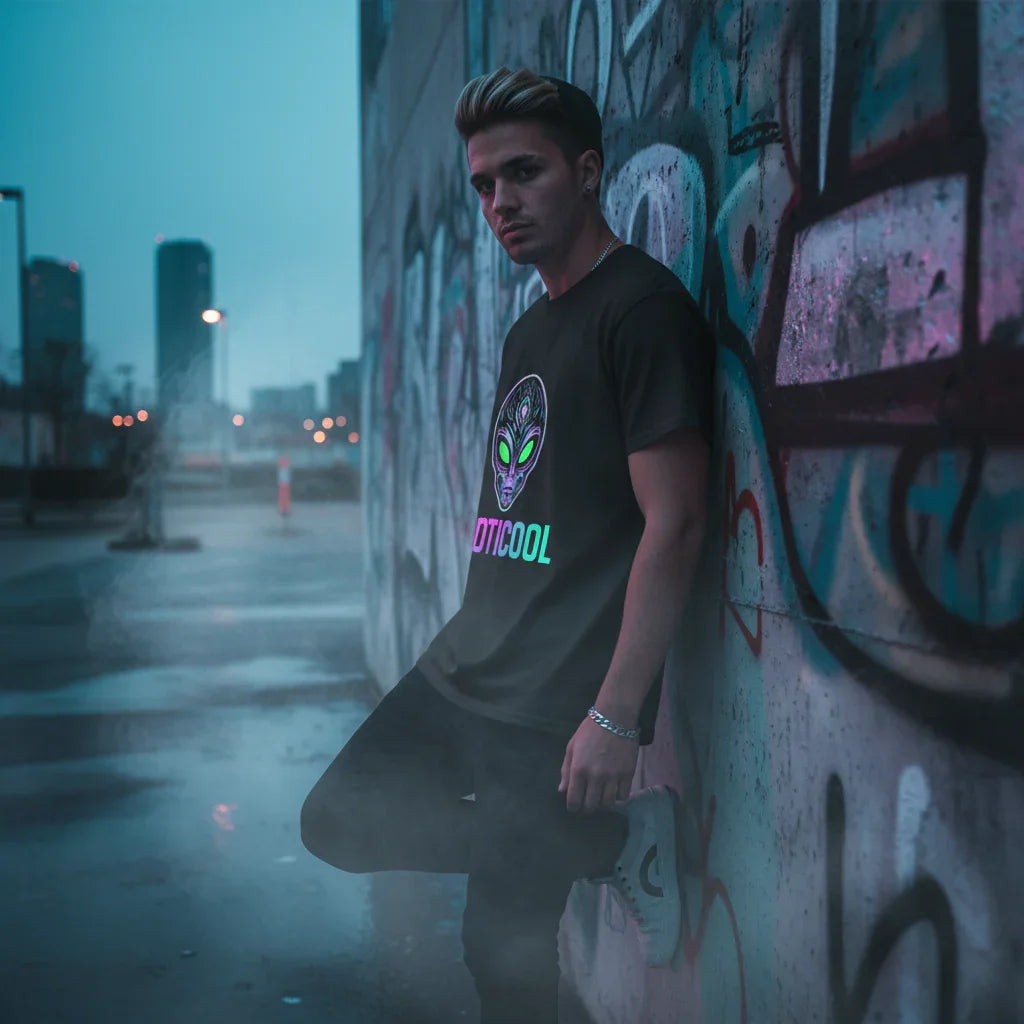 Man wearing neon alien graphic t-shirt leans on graffiti wall in urban street at dusk
