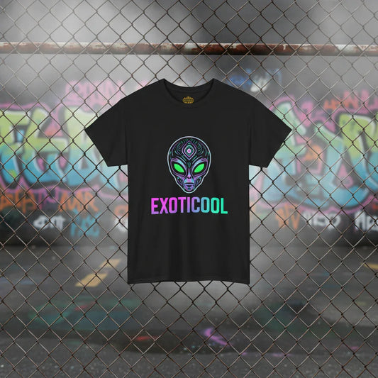 Black EXOTICOOL t-shirt with neon alien face graphic, hanging on fence with graffiti background
