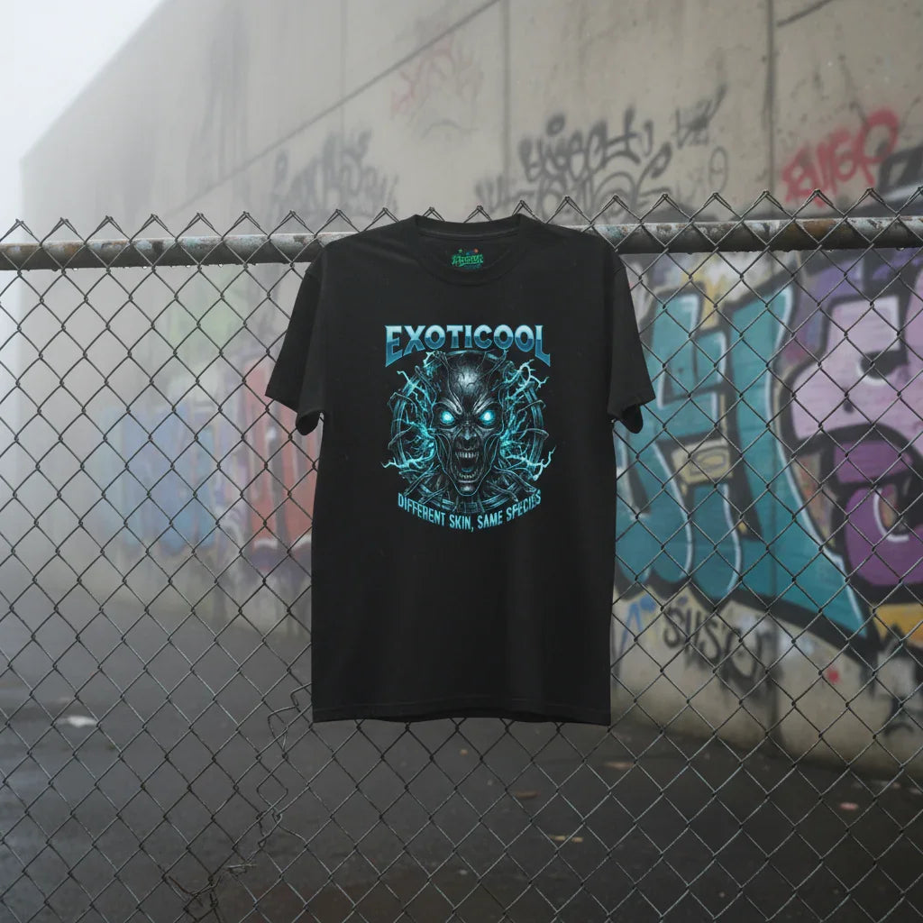 Black EXOTICOOL graphic t-shirt on chain link fence with graffiti wall background