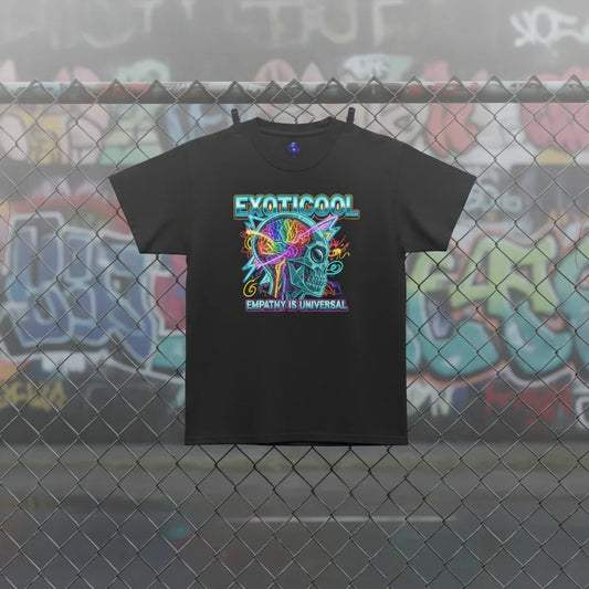 Black EXOTICOOL t-shirt with neon skull graphic and 'Empathy is Universal' text on fence, graffiti wall