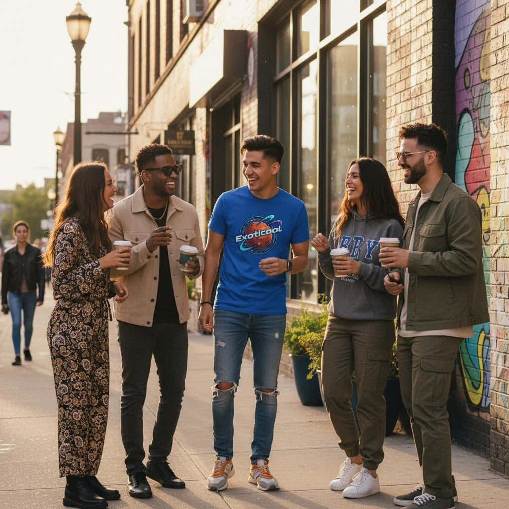 Group of friends laughing with coffee cups on urban street, colorful mural wall