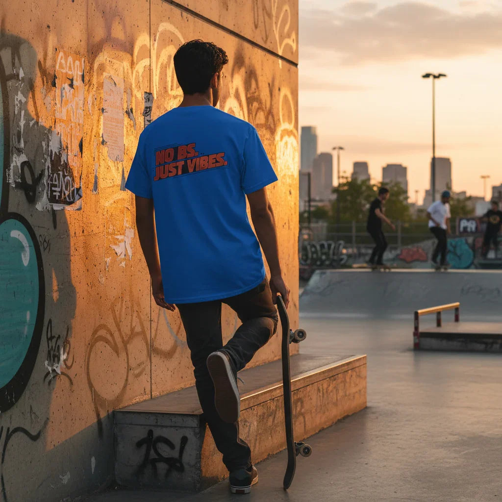 Skateboarder in blue no bs just vibes t-shirt at sunset graffiti skatepark