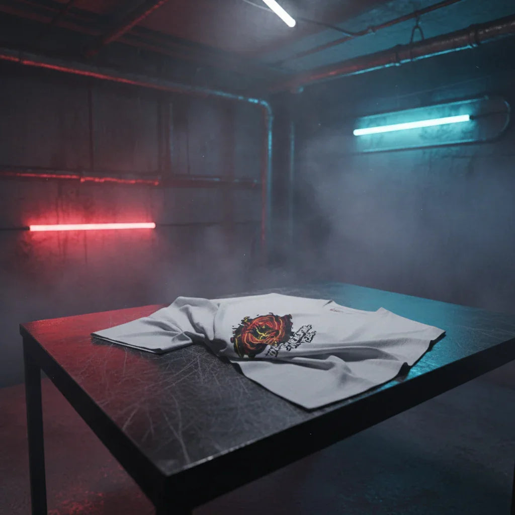 Graphic t-shirt with a bold rose print on a scratched black table, neon lights in background