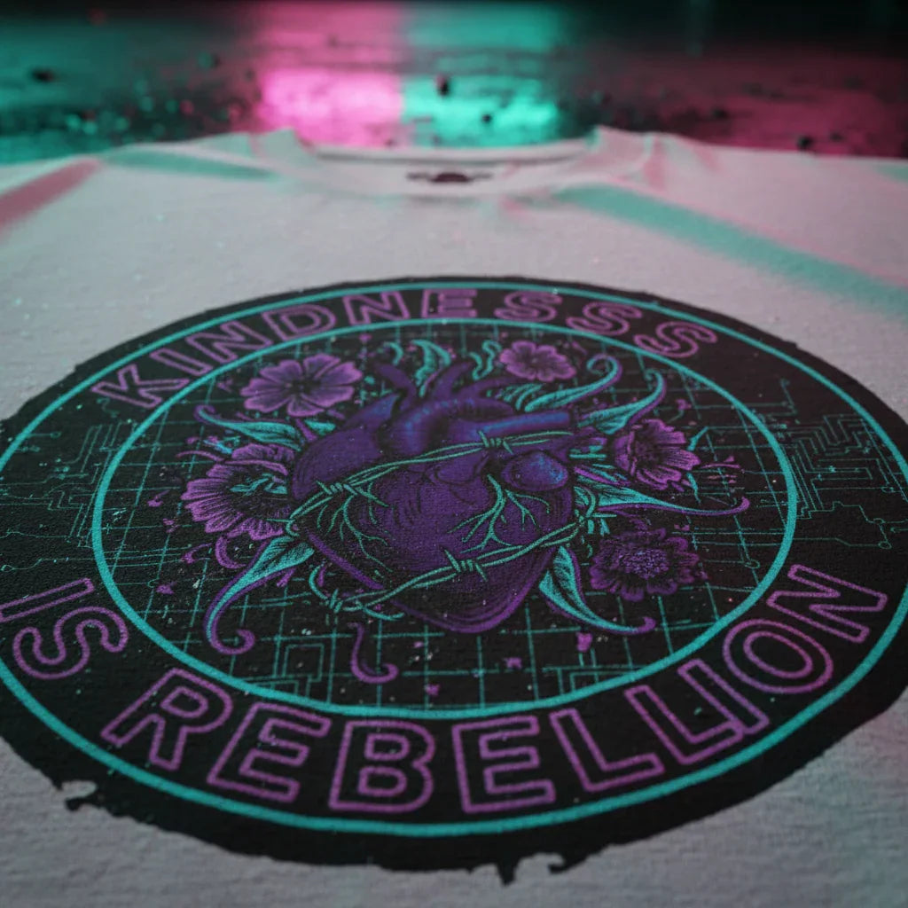 Kindness is Rebellion t-shirt with neon heart and flowers graphic, cyberpunk style