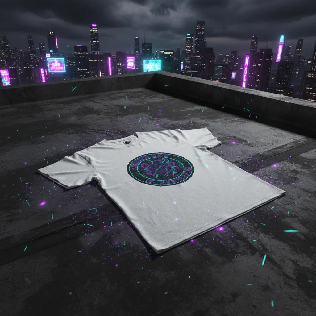 White graphic t-shirt with neon design on rooftop, futuristic city skyline at night