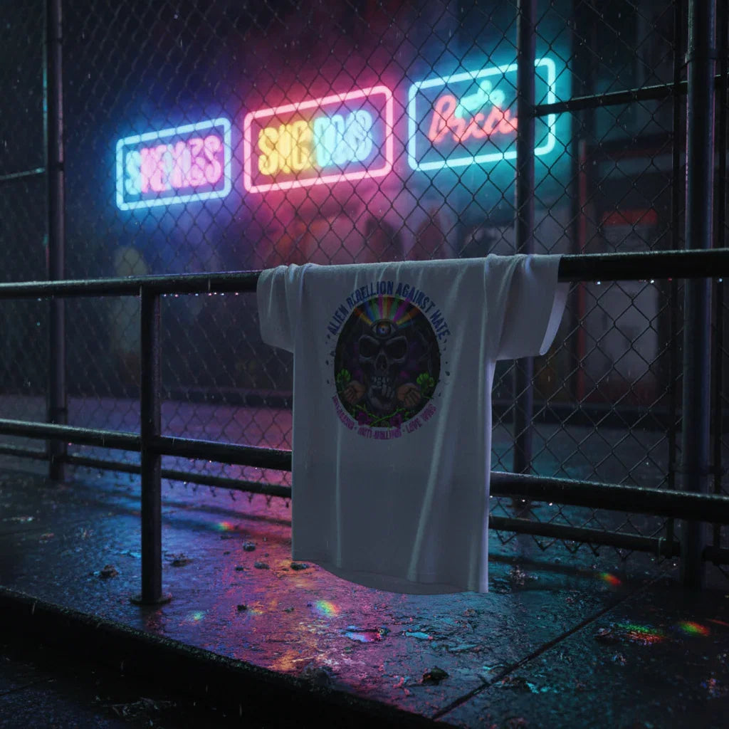 White graphic t-shirt with alien design on fence, neon lights background, urban streetwear