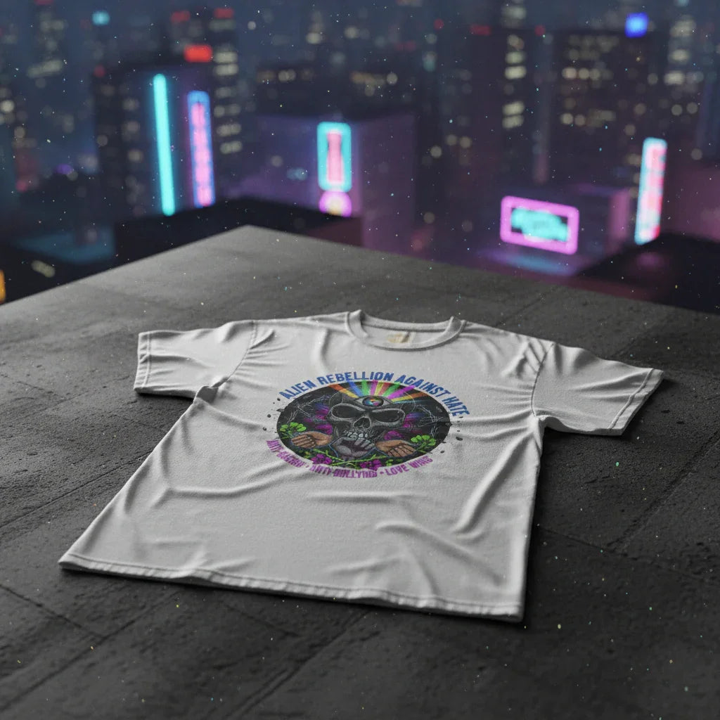 White t-shirt with colorful alien skull design and 'Alien Rebellion Against Hate' text on a rooftop at night with neon city lights.