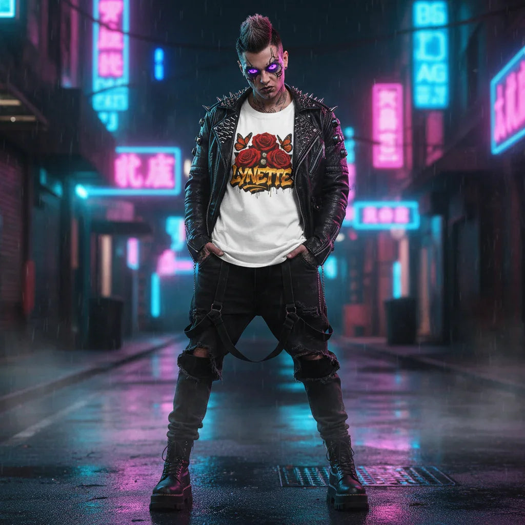 Cyberpunk man with glowing eyes in spiked leather jacket and Lynette graphic shirt, neon city