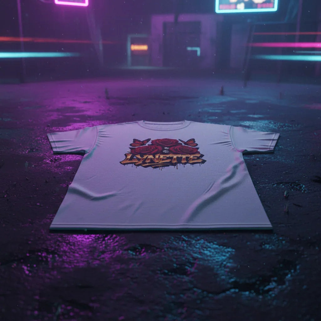 LYNETTE graphic t-shirt with roses on wet street in neon urban setting