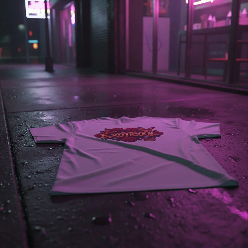 White Exoticoo t-shirt on wet city sidewalk with neon pink storefront lights