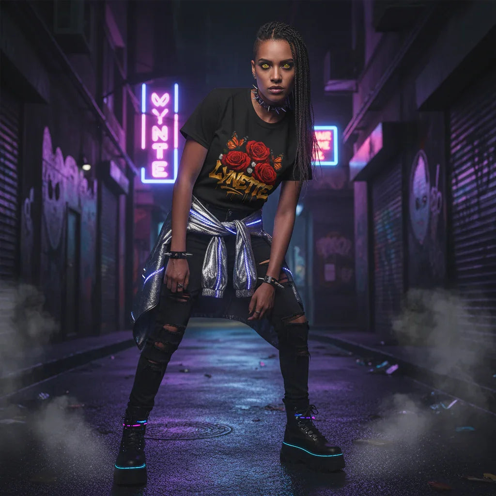Cyberpunk fashion model in black rose graphic tee and metallic jacket, neon street background
