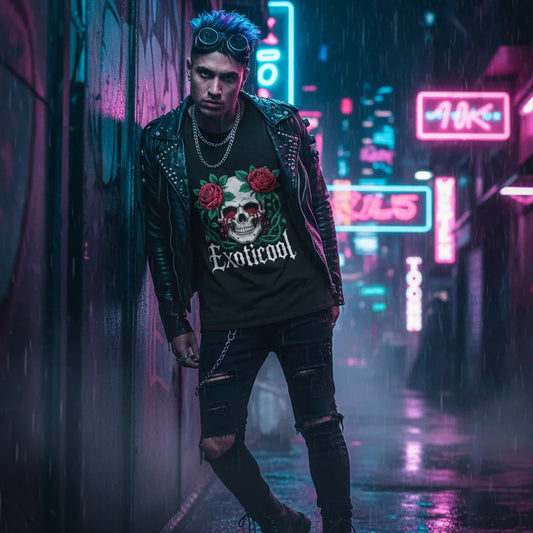 Man in punk fashion with Exoticool skull rose t-shirt in neon-lit rainy city alley