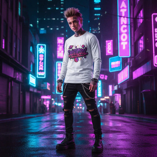 Tattooed man in 'Exoticool' graphic shirt standing on neon-lit city street at night