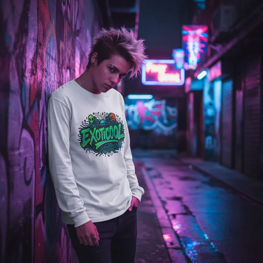Person wearing EXOTICOOL graphic sweatshirt in neon-lit urban alley with graffiti walls