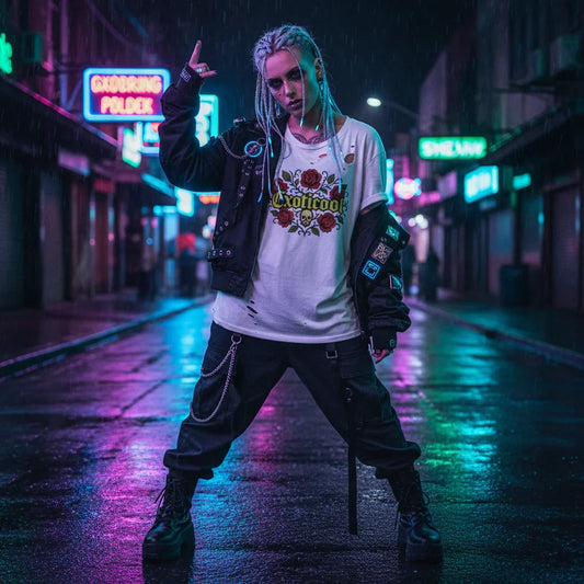 Edgy woman in streetwear with braids, white Exoticaool t-shirt, neon-lit urban street at night