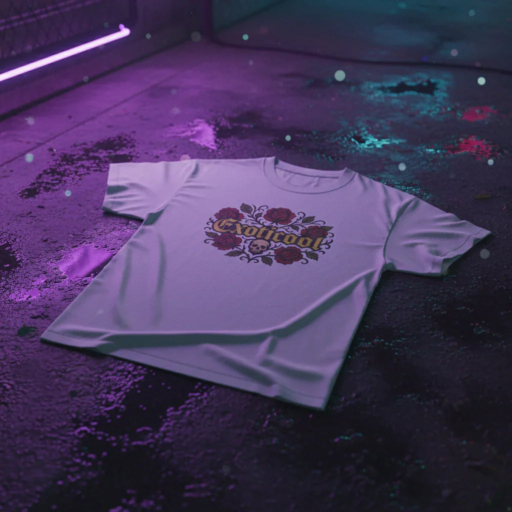 White t-shirt with rose and skull graphic and Exoticool text on neon-lit urban floor