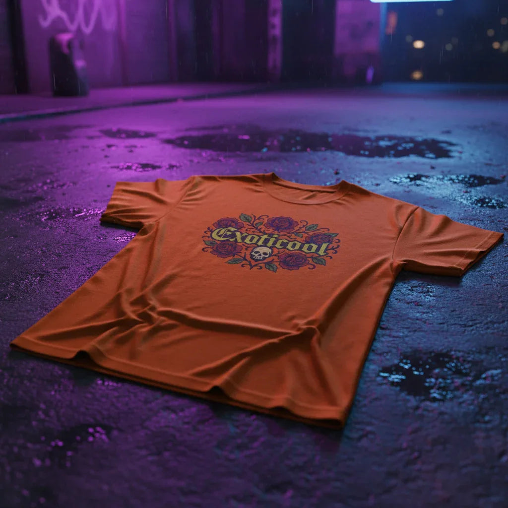 Orange Exaticool graphic t-shirt with roses and skull, on wet neon-lit urban street