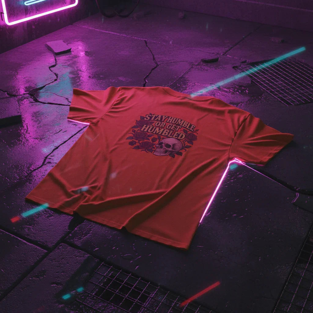 Red graphic tee with skull and 'Stay Humble Or Get Humbled' text on neon-lit concrete floor