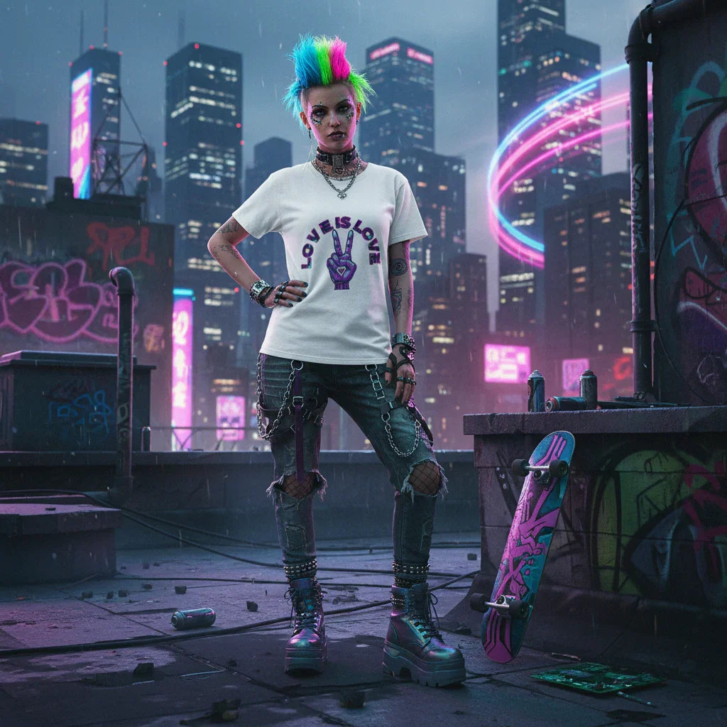 Punk woman with rainbow mohawk and 'Love is Love' shirt on urban rooftop with neon city lights