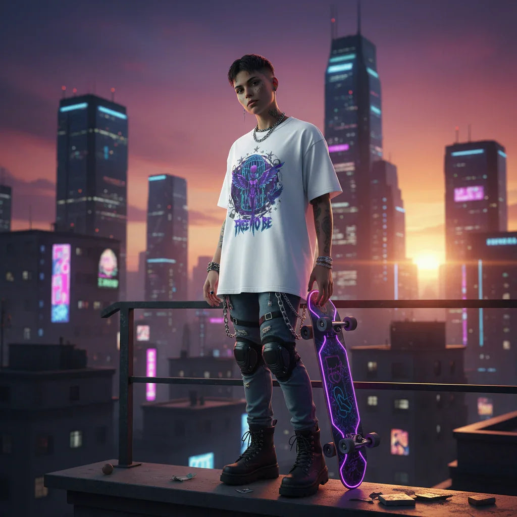 Urban skateboarder in neon streetwear with illuminated skateboard on rooftop at sunset