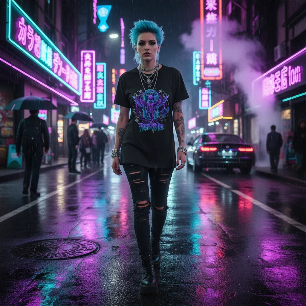 punk woman with blue hair in ripped jeans and graphic tee walking neon city street at night