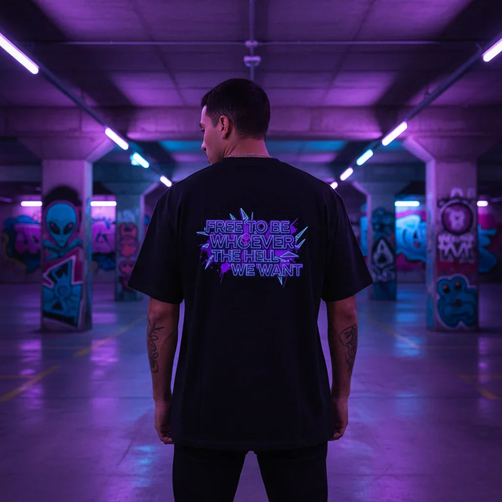 Man in black graphic t-shirt with neon text, standing in purple-lit graffiti parking garage