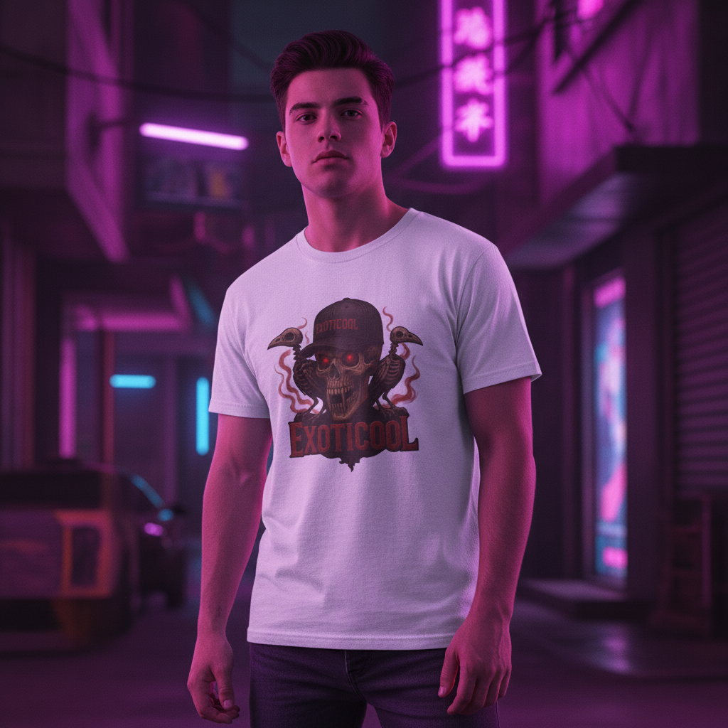 Young man wearing white t-shirt with skull and raven design and EXOTICOOL text in neon-lit urban street