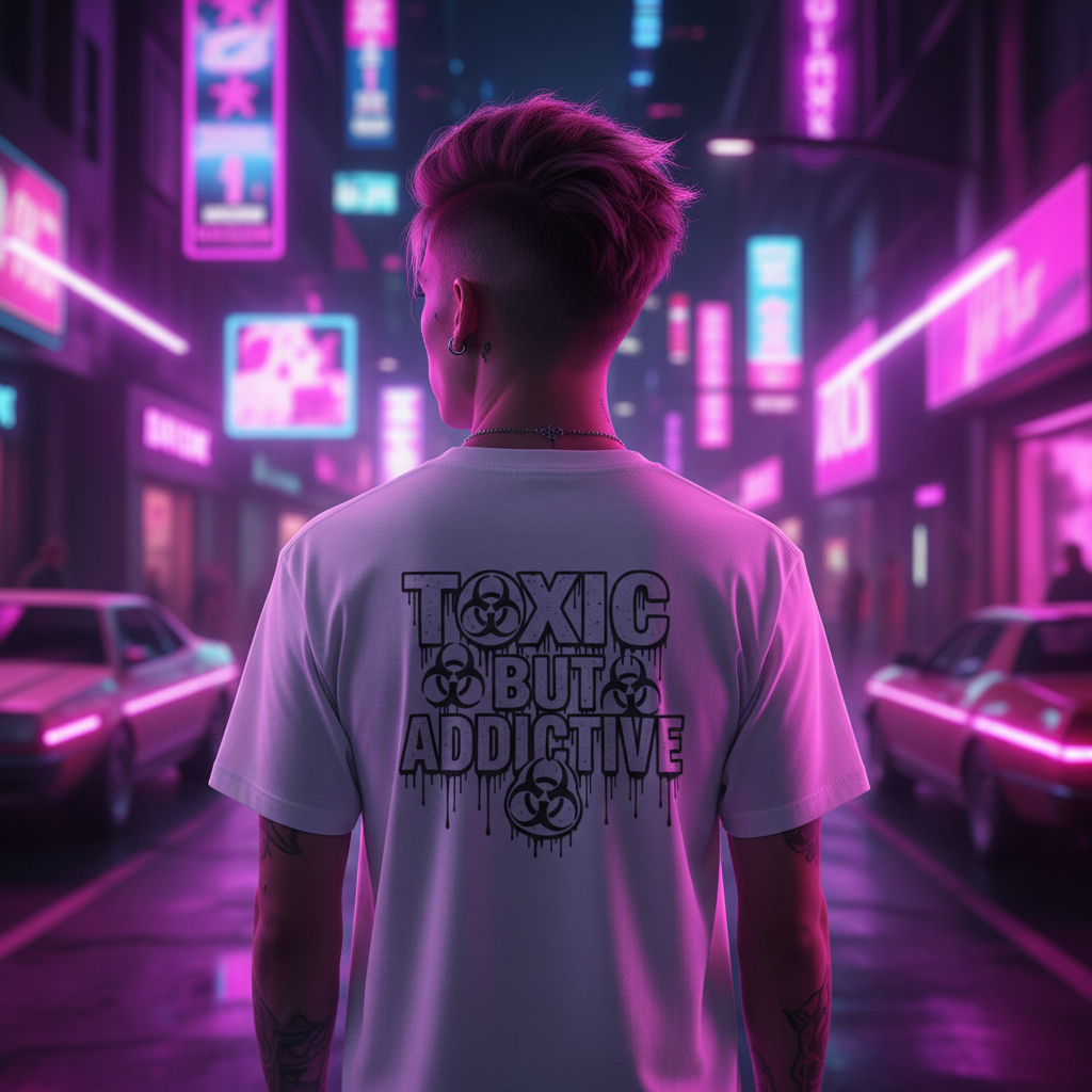 Young man with pink hair wearing white T-shirt with Toxic But Addictive print in neon city street
