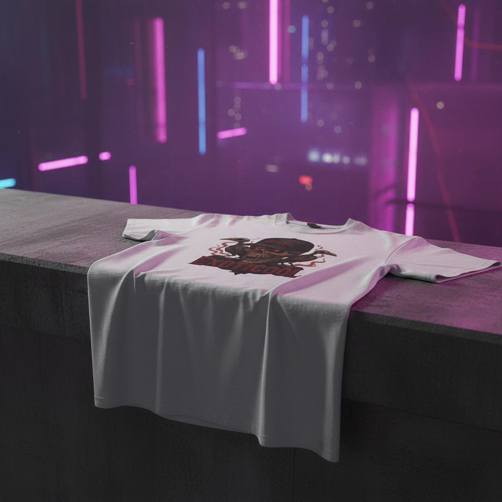 White t-shirt with a skull and octopus design and the word EXOTICOOL laid on concrete ledge with neon city lights background