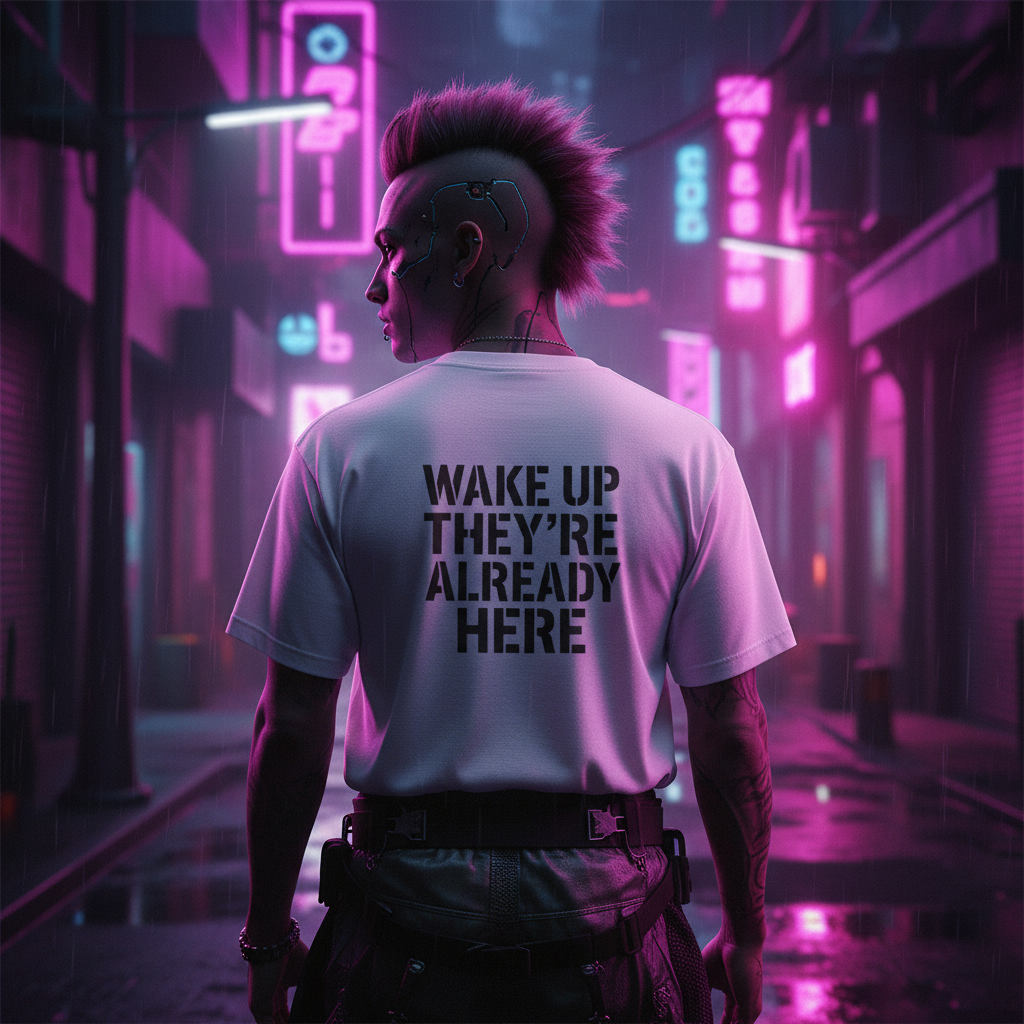 Cyberpunk man with mohawk and white T-shirt reading Wake Up They're Already Here in neon-lit rainy city alley