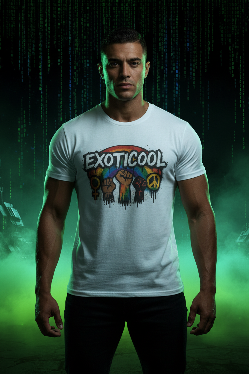 Exoticool Empowerment Tee front view - Egyptian model wearing white activist t-shirt with rainbow fists and equality symbols - pro-freedom streetwear
