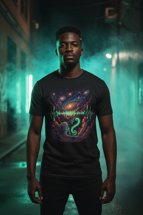  Black male model wearing Exoticool cosmic lucid dream t-shirt with neon green frequency waves and galaxy graphic in cinematic lighting