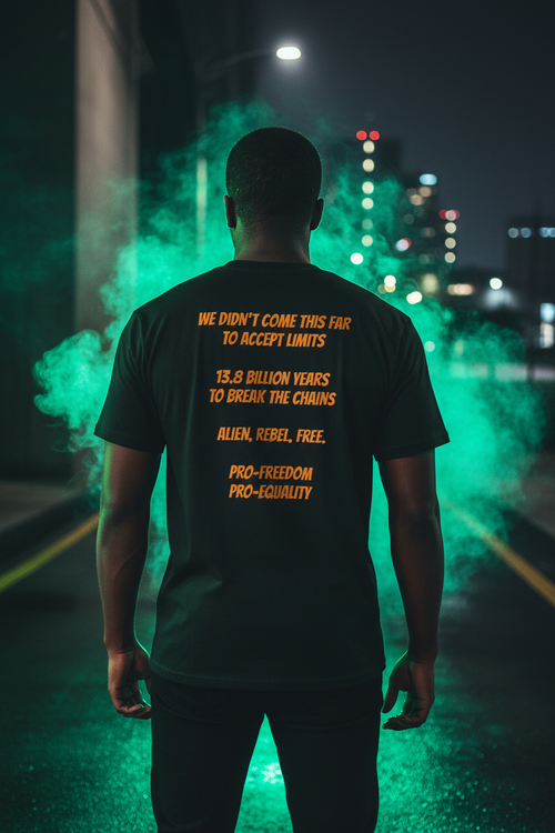Back view of model wearing Exoticool alien rebellion t-shirt with orange text "We Didn't Come This Far To Accept Limits" and pro-freedom pro-equality message