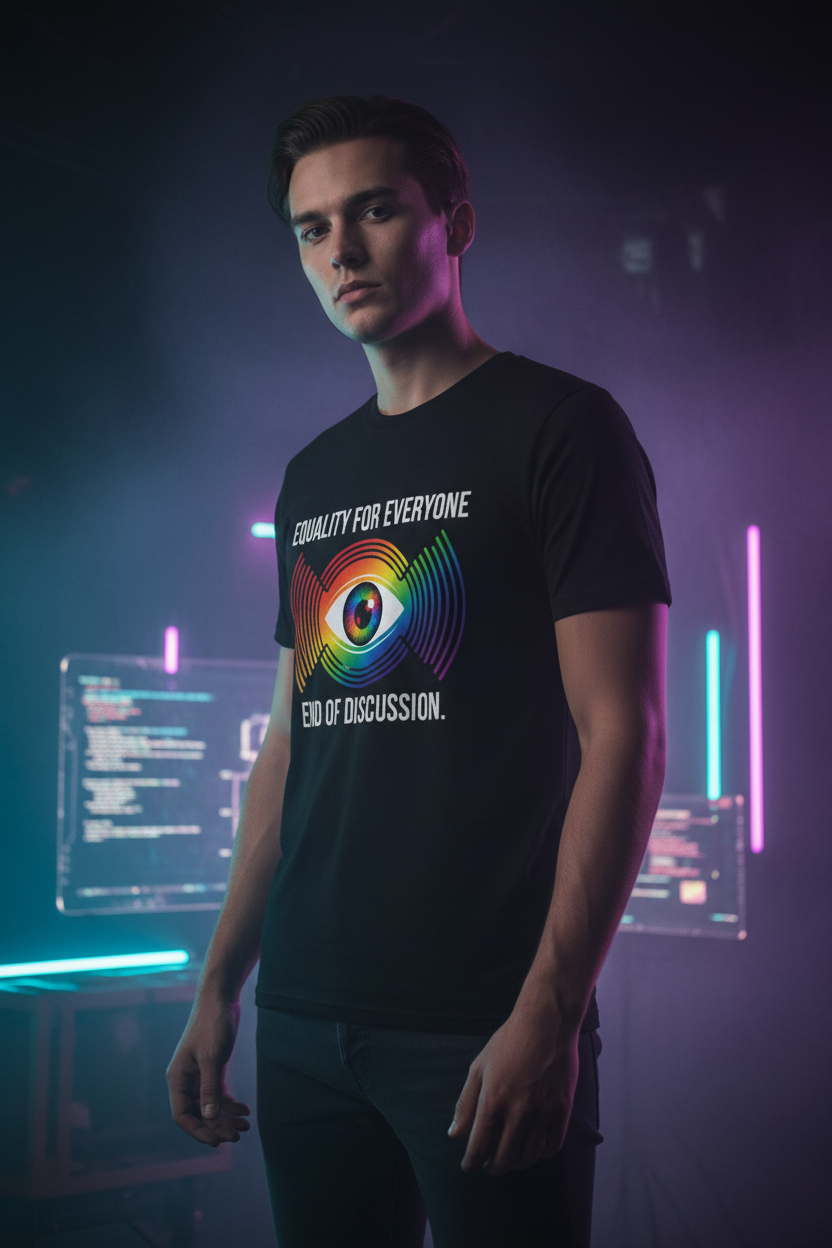 EXOTICOOL Equality For Everyone black graphic tee — rainbow cosmic eye with signal wave arcs and bold white text on front | Futuristic cyberpunk activist streetwear