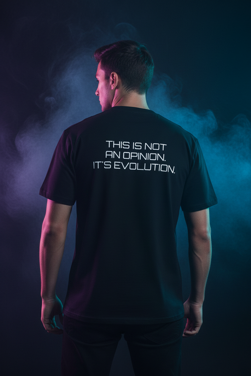 EXOTICOOL Equality For Everyone black tee back print — "This Is Not An Opinion. It's Evolution." bold white futuristic typography | Limited drop activist streetwear