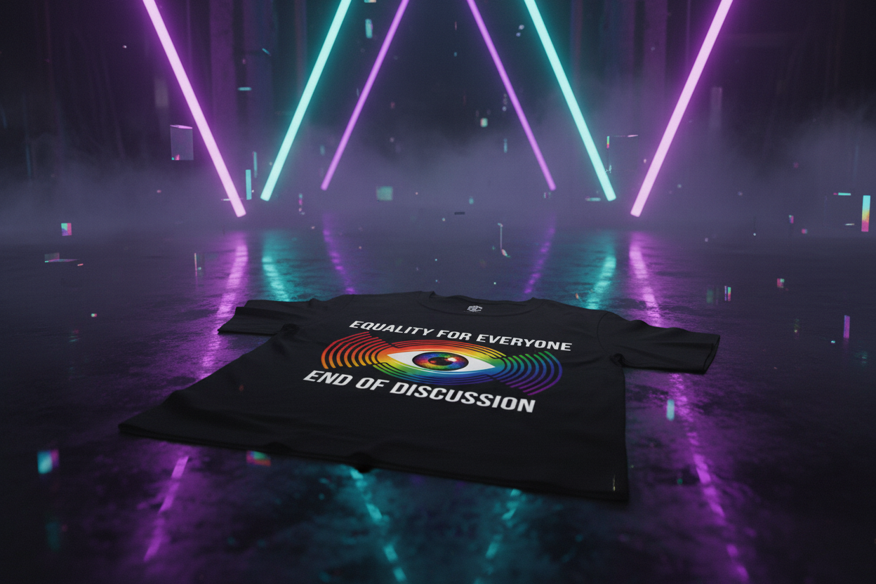 EXOTICOOL Pride Edition black tee folded — rainbow cosmic eye graphic tee, equality streetwear, futuristic cyberpunk limited drop 2026