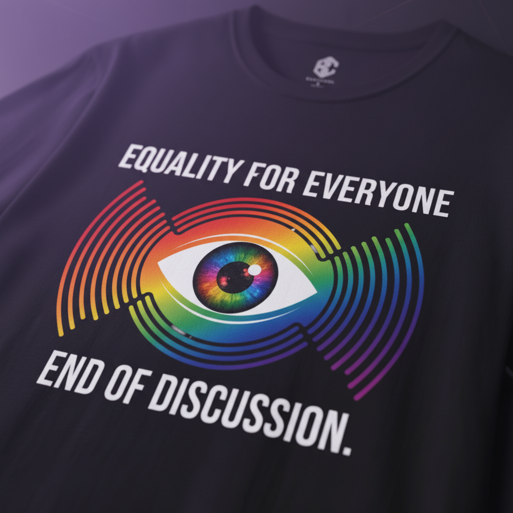 EXOTICOOL brand label close-up on black equality graphic tee — premium DTG print quality, futuristic streetwear, rainbow eye design detail