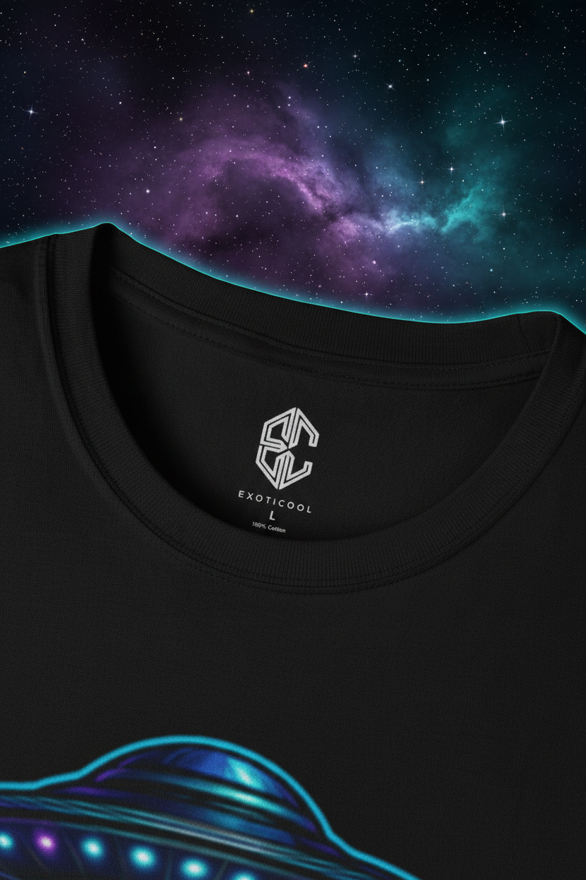 Exoticool brand label close-up on black graphic tee — OEKO-TEX certified ring-spun cotton streetwear
