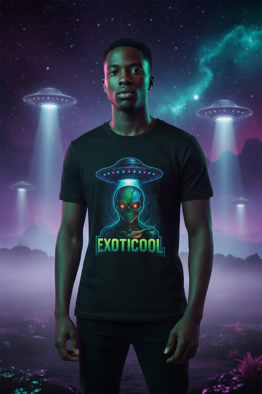 Exoticool alien streetwear tee front — glowing neon extraterrestrial and UFO graphic on black unisex t-shirt
