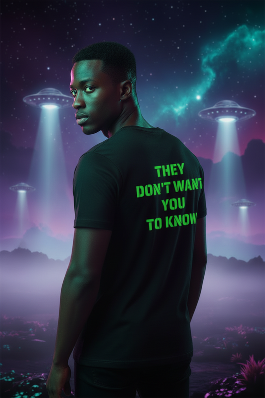 Exoticool black graphic tee back — bold green stencil text reading THEY DON'T WANT YOU TO KNOW