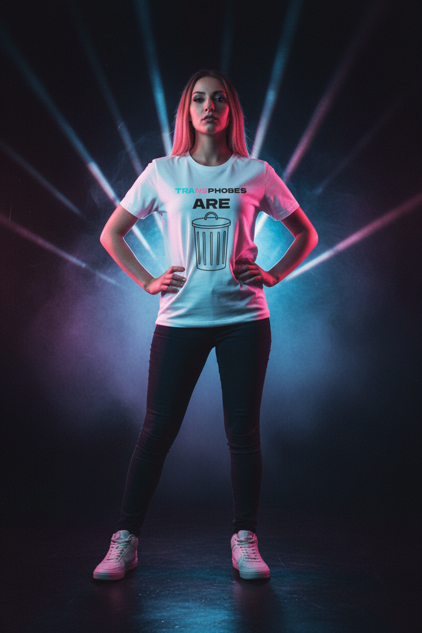 Trans model wearing Transphobes Are Trash graphic tee — trans pride alien streetwear by Exoticool, limited drop